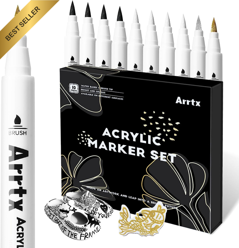 Acrylic Paint Pens, 10 Pack Extra Brush Tip White Paint Markers Metallic for Roc