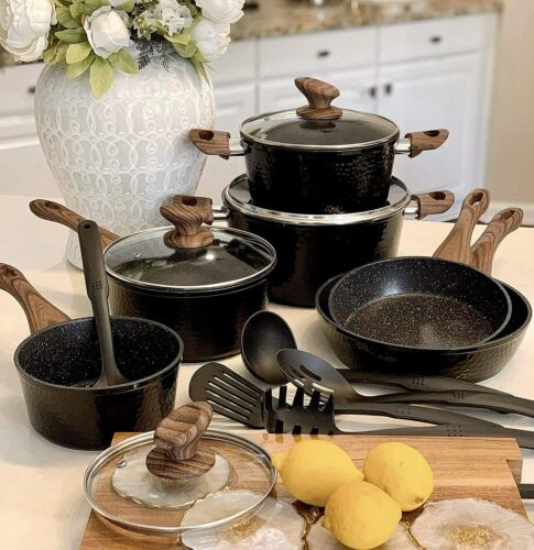 15 Pieces Hammered Cookware Set Nonstick Granite Coated Pots and Pans Set Black
