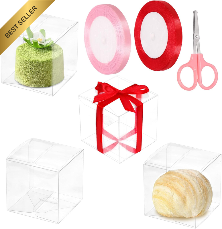 33Pcs 2.76" × 2.76" × 2.76" Plastic Clear Favor Boxes with Ribbons and Scissors