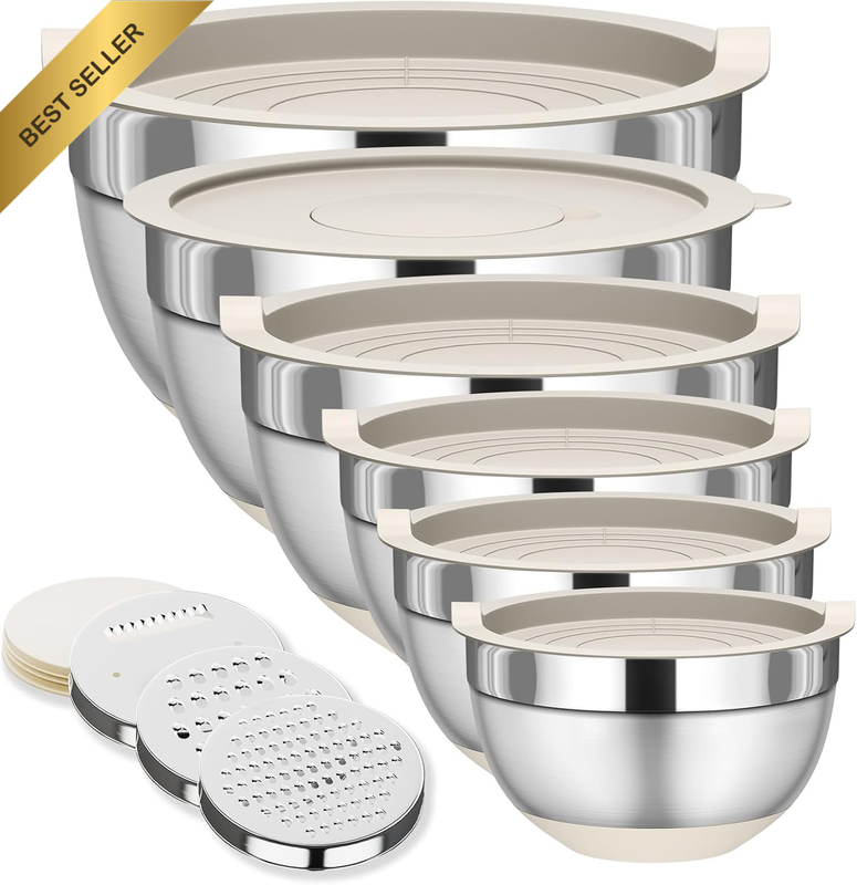 Mixing Bowls with Lids Set, 6 Piece Stainless Steel Nesting Storage Bowls for Ki