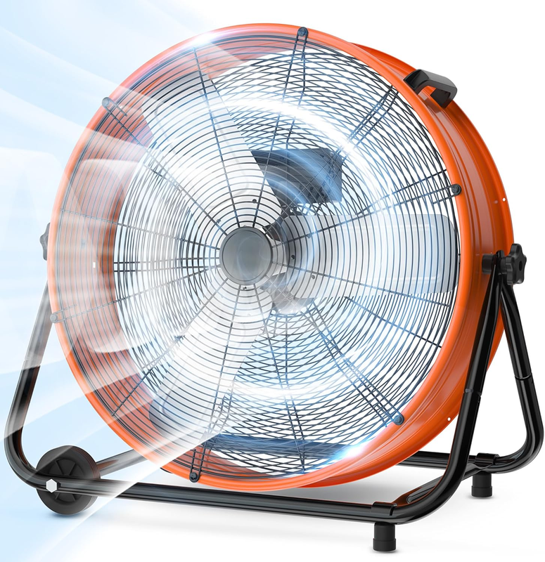 24 Inch Industrial Drum Fan High Velocity Floor Fan 3 Speed, Heavy Duty Metal Air Circulator with Adjustable Tilt & Large Wheel for Warehouse, Garage, Factory, Patio, Barn, Shop, Orange