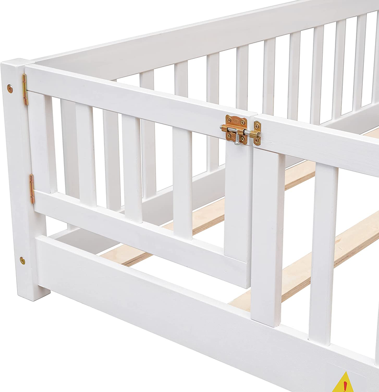 Full Size Floor Bed Frame with Safety Fence and Door, Wood Montessori Floor Bed