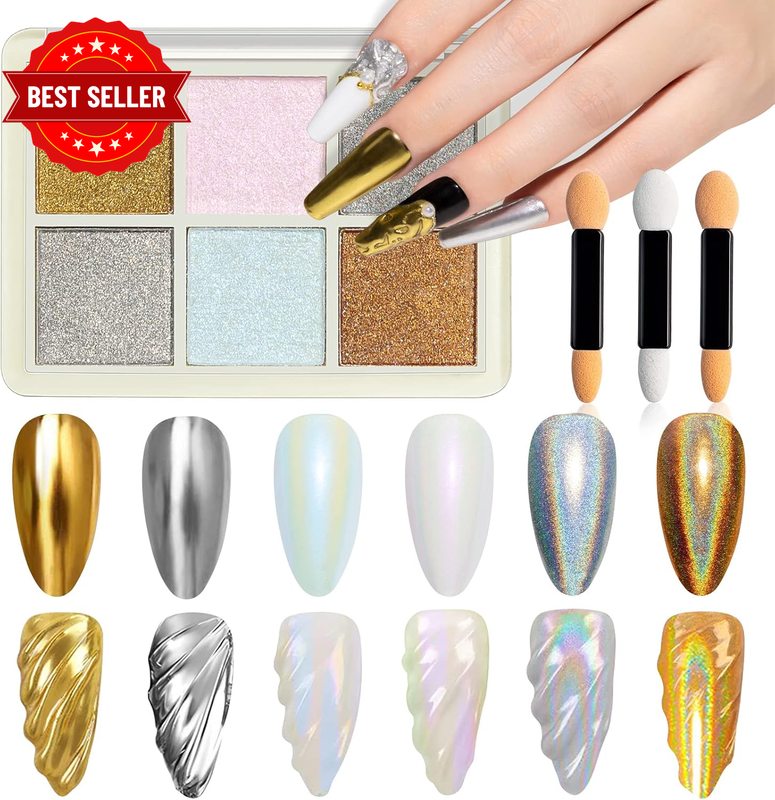 Chrome Nail Powder 6 Colors Aurora Mirror Holographic Nail Powder | Iridescent M