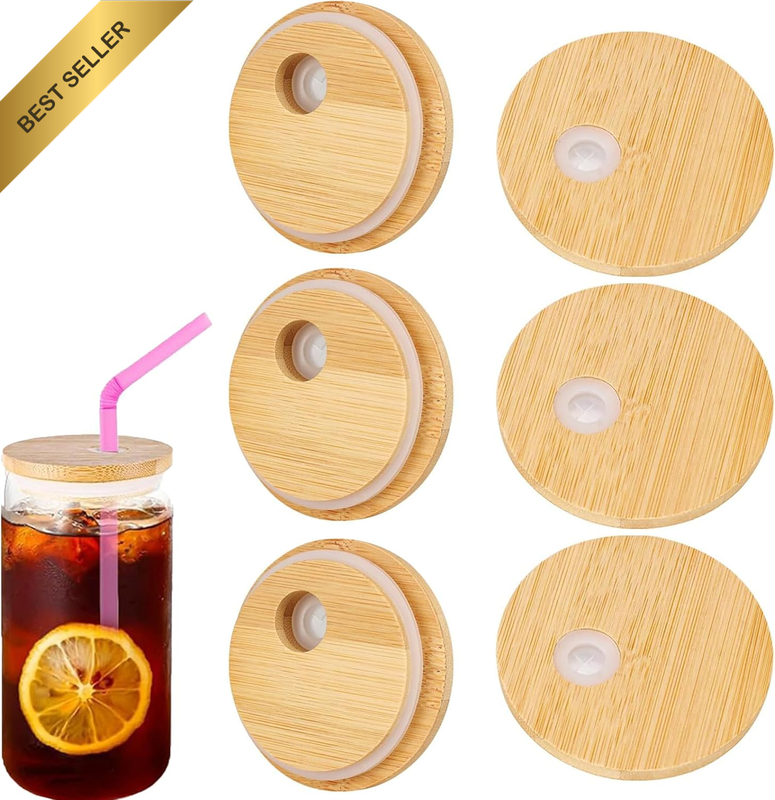 6 Pack Natural Bamboo Cup Lids with Vent Holes, Reusable Eco-Friendly Wooden Cov