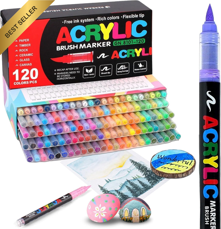 120 Colors Acrylic Paint Pens, Soft Brush Tip Acrylic Paint Markers, Colouring D