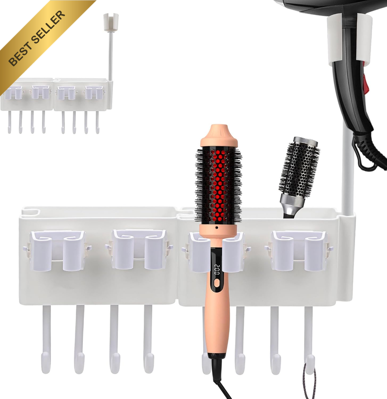 No-Drill Hair Dryer Holder Wall Mounted - Adjustable Blow Dryer Organizer with 8