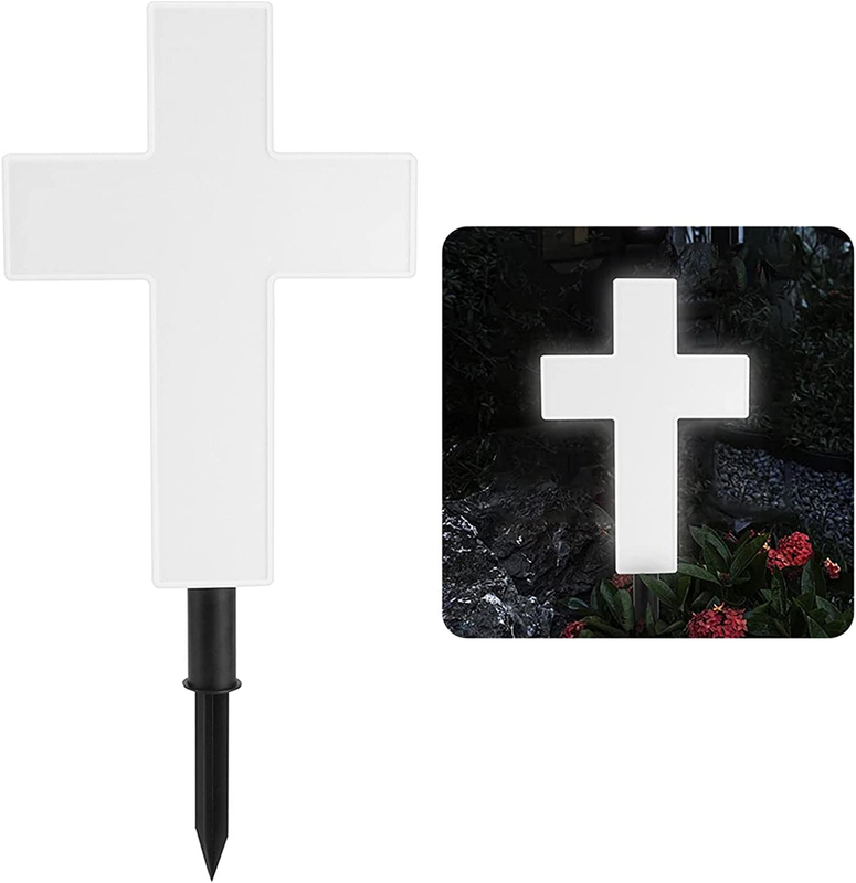 Solar Lighted Cross Grave Lighted White Garden Cross Stake Decor for Home Memori