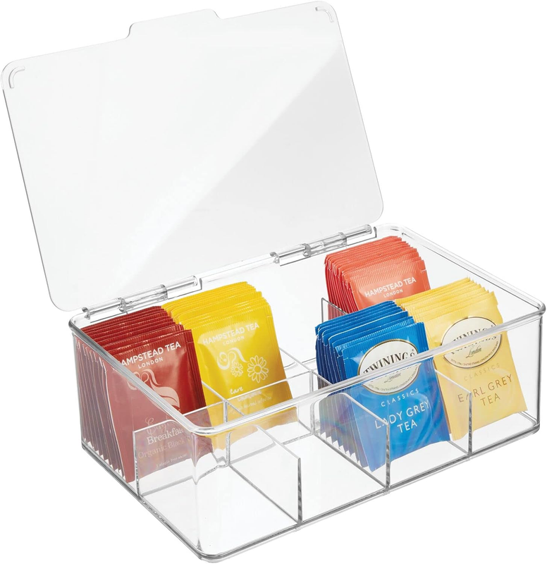Plastic Tea Bag Divided Storage Organizer Container Box with Hinge Lid for Kitch