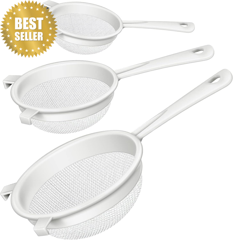 Extra Fine Mesh Strainer Set, 3-Piece Plastic & Nylon Kitchen Strainers with Han