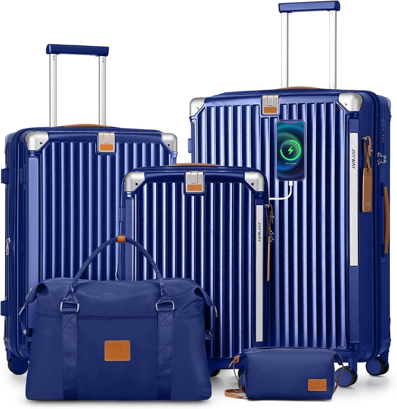 5 Piece Luggage Set with Cup Holder, Expandable 25% Capacity, Includes Handbag, anti Slip Wheels, Hook, Smart Carry on Suitcase for Men and Women, Spinner Travel Blue