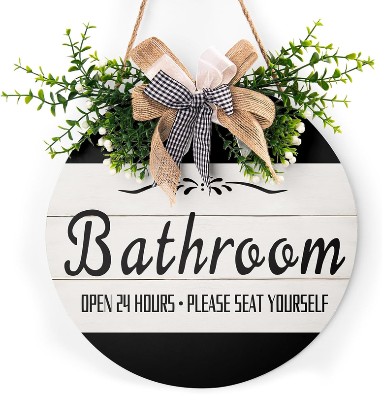 Bathroom Front Door Sign Funny Wreaths Hanging Wooden Plaque Decoration round Ru