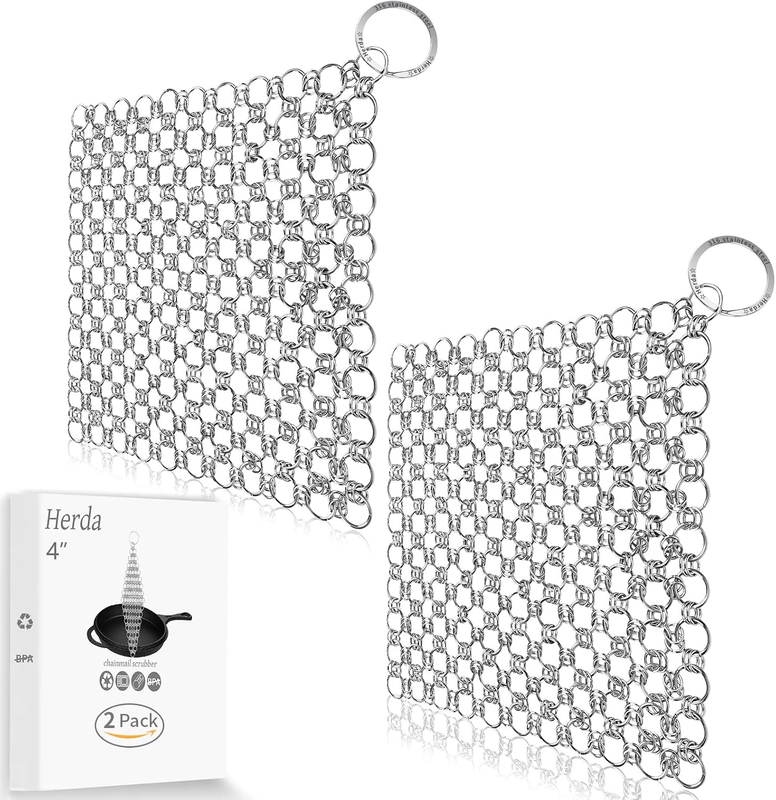 Herda 2Pack 4" Chain Mail Cast Iron Cleaner Scrubber 316 Chainmail Scrubber