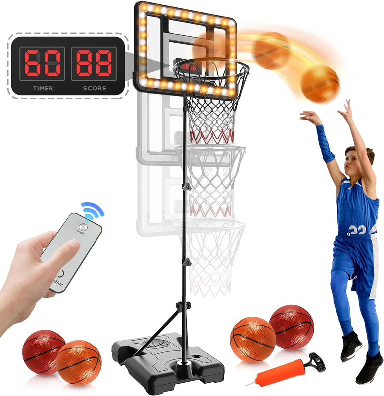 Kids Basketball Hoop Indoor Outdoor,Adjustable Height 2.9Ft-5.9Ft Toddler Basketball Hoop with LED Light & Scoreboard,Goal Toy for Boys Girls Age 3 4 5 6 7 8 Backyard Sports Game Gifts (Black)