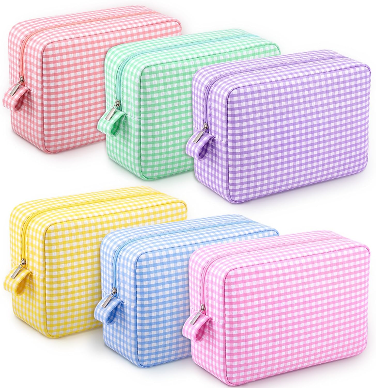 Tallew 6 Pcs Checkered Seersucker Makeup Bags Bulk for Women, 6 Color