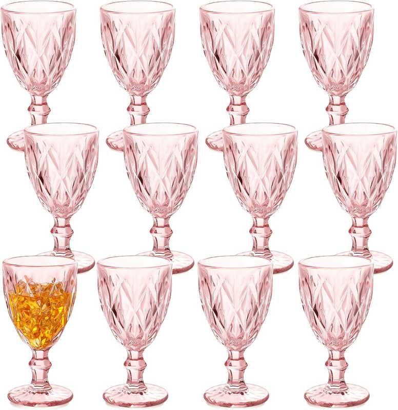 Glass Goblet Vintage Wine Goblet Embossed Glassware 10 Oz Solid Color Glass Stemmed Cups for Iced Tea Beverage Soda Juice Water Liquor and Party Wedding Bars Restaurants(Pink,12 Pack)