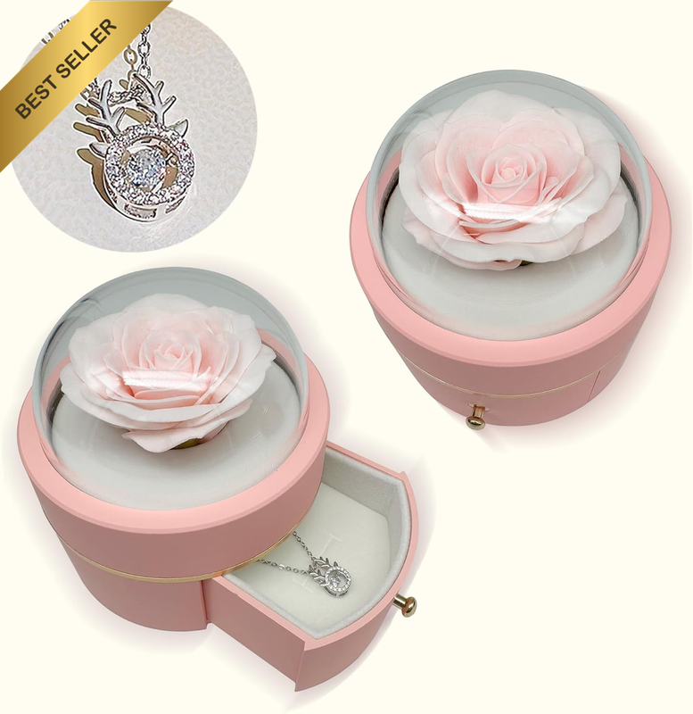 Preserved Pink Rose Flower Drawer Jewelry Boxes with Necklace,Gifts for Mom, Gir