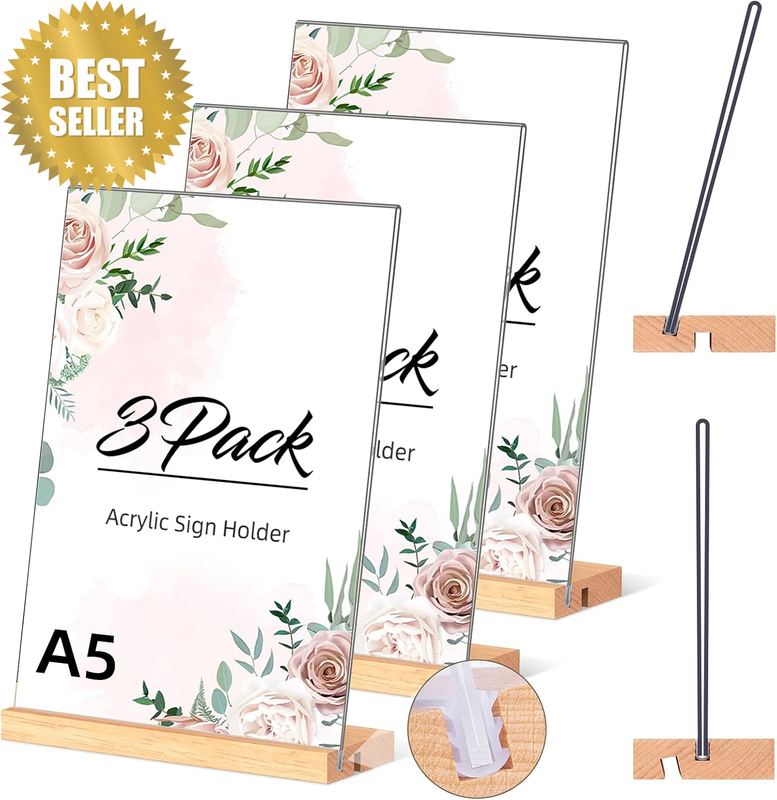 Acrylic A5 Sign Holder Clear Table Display Stand A5 with Wooden Base, L Shape Sl