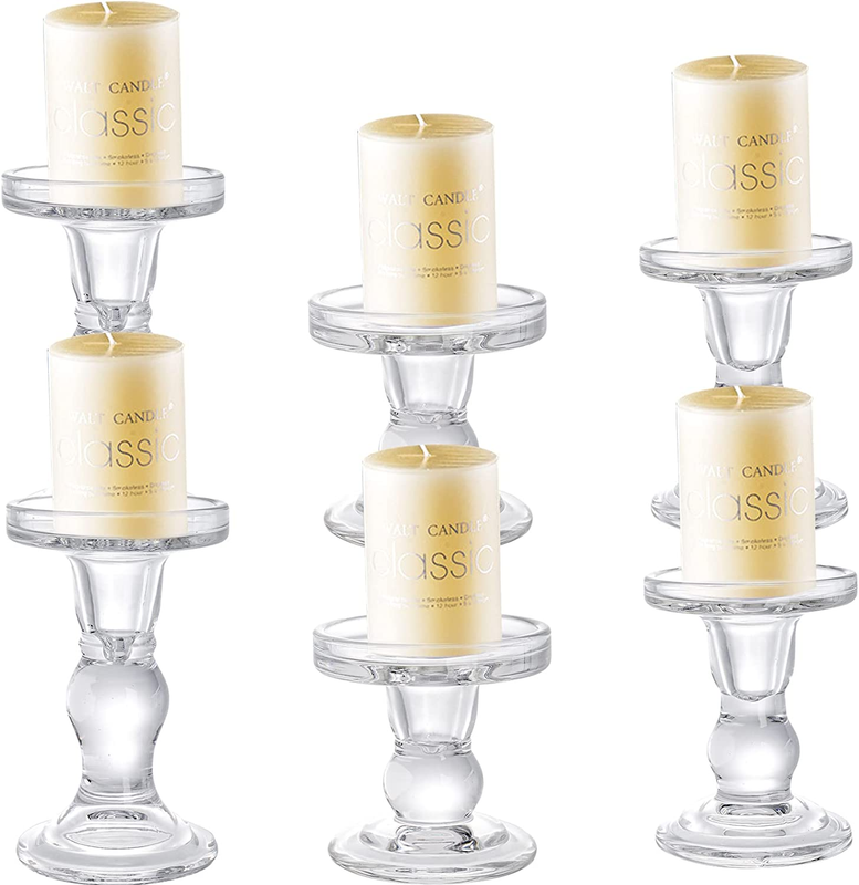 Set of 6 Glass Candle Holders, Clear Pillar Taper Candlestick Crystal Tealight C
