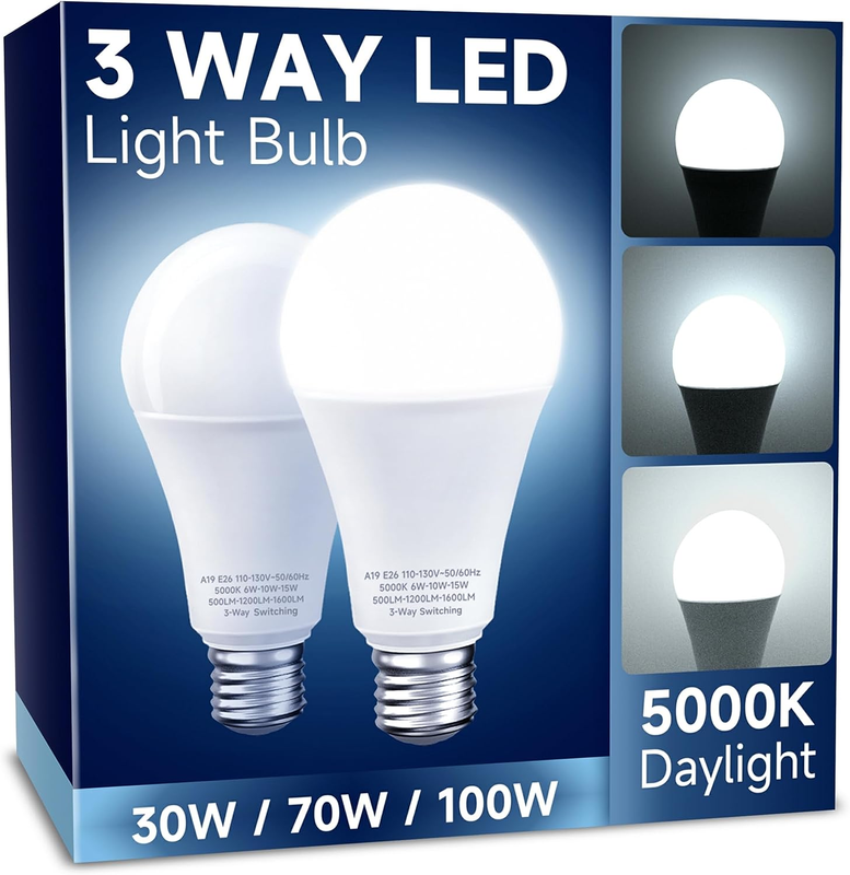 3-Way LED Light Bulbs Daylight White Energy Saving 6/10/15W Equal 30/70/100W 2pc