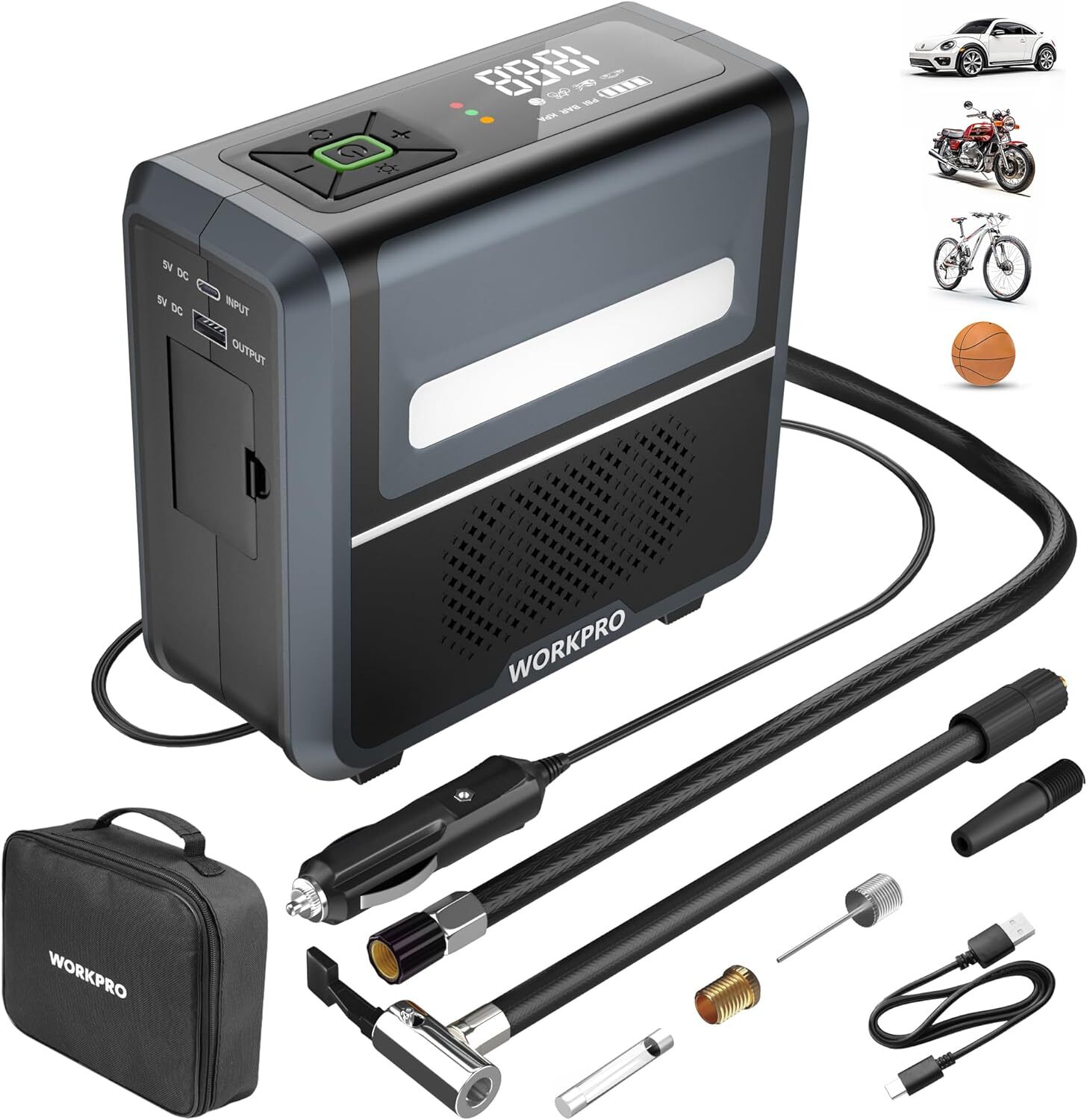 WORKPRO Tire Inflator Portable Air Compressor-12V w/7500mAh 