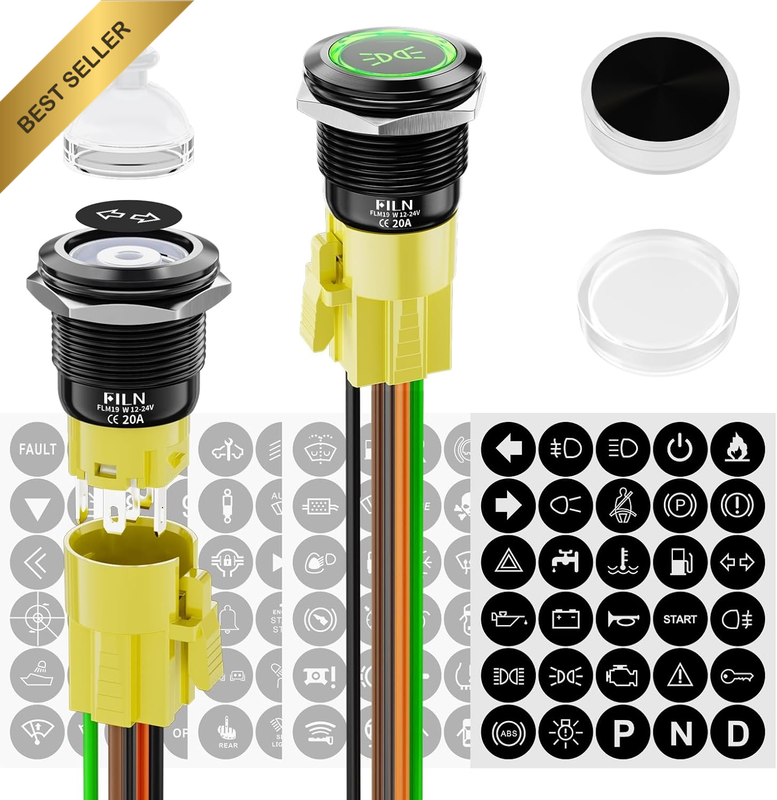 19Mm Latching LED Push Button Switch Harness IP65 12-24V Green