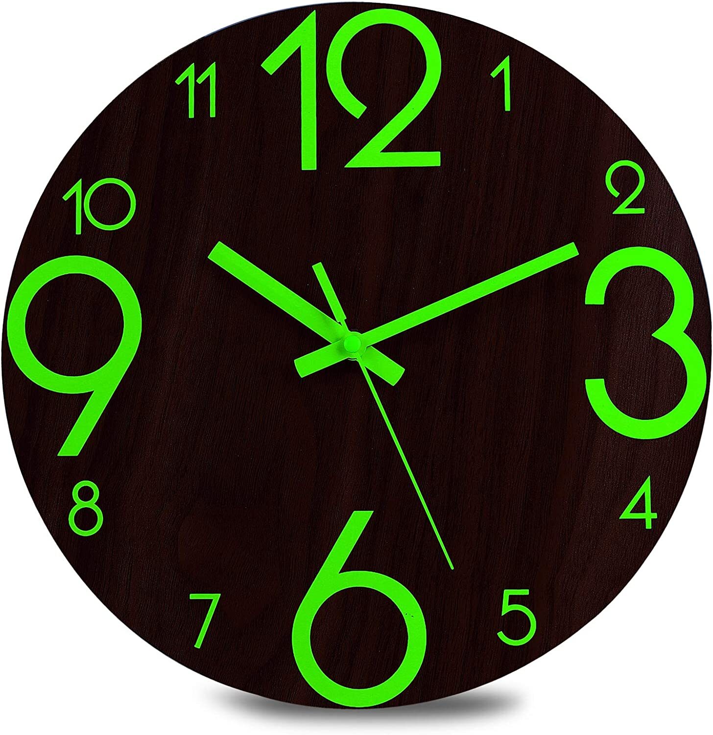 12 inch Modern Battery Wall Clock Large Luminous Glow in the Dark Silent Wooden