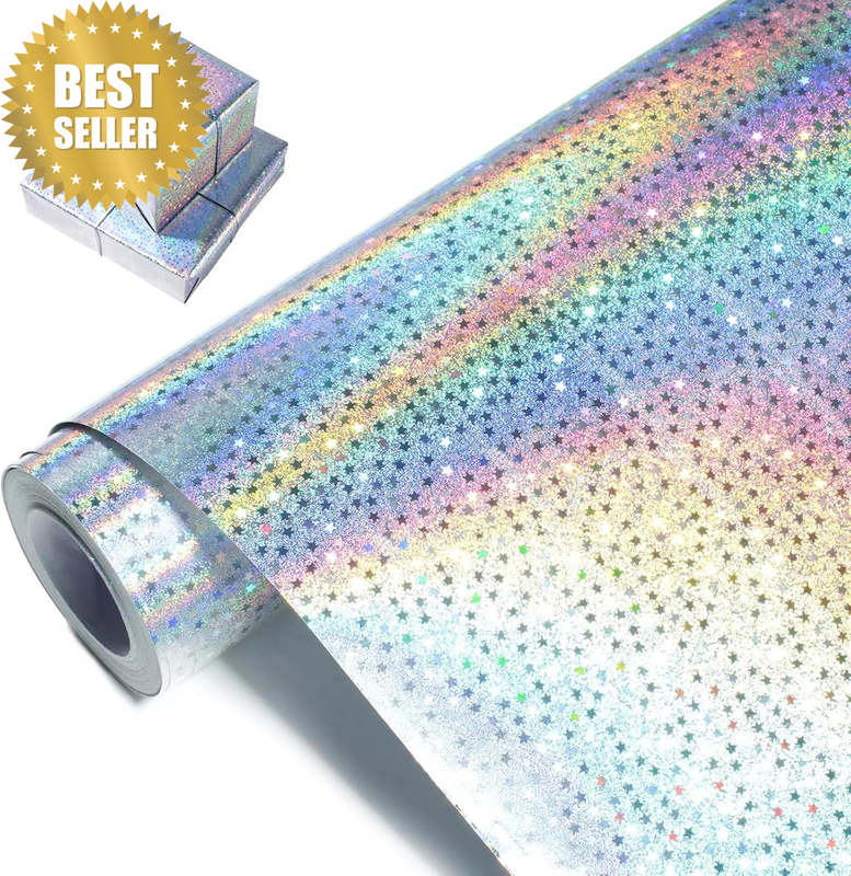 Silver Holographic Wrapping Paper, Metallic Glitter Star Gift Wrap Paper Roll fo