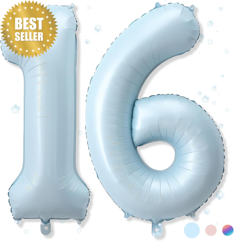 Big Number 16 Balloon, Light Matte Blue Foil, 40 Inch, for Birthday Party Decora