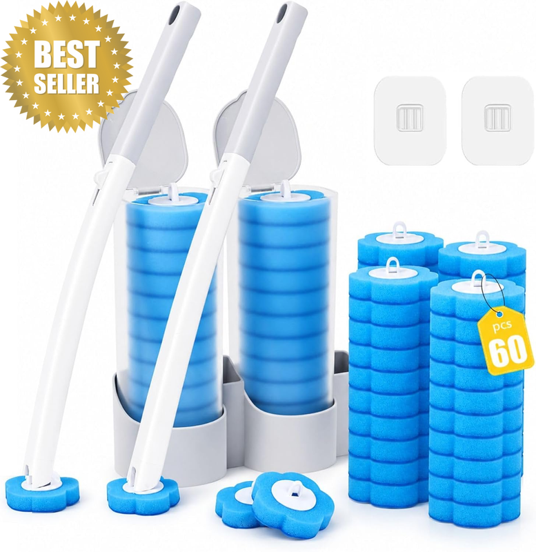 Disposable Toilet Brush 2 Pack, Set of 60 Toilet Brushes, with 60Pcs Toilet Wand