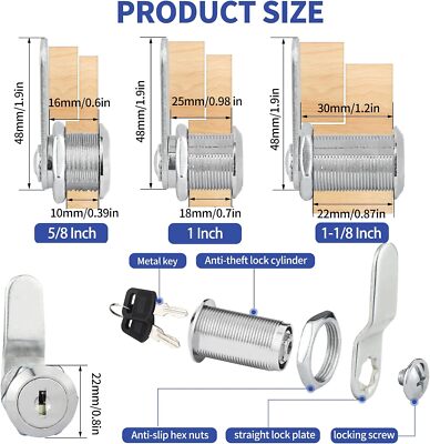 2/5/10 Pcs 5/8''  1''  1  1/8'' Cabinet RV Cam Locks Keyed Alike Secure Drawer File