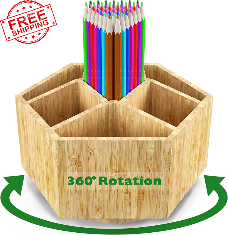 Bamboo Rotating Art Supply Organizer, 7 Sections, Hold 350+ Pencils, School Supp