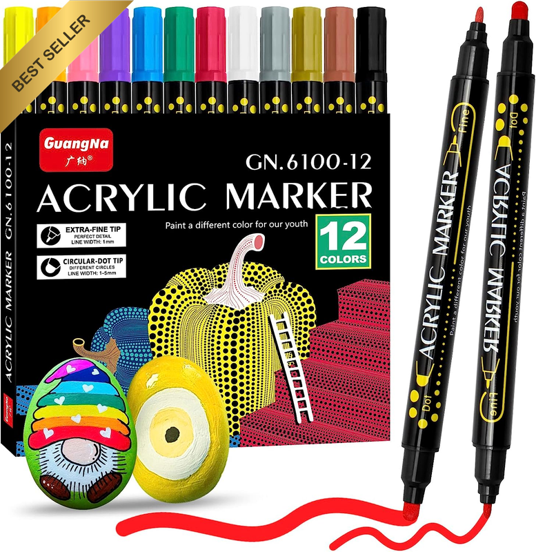 12PC Premium Dual Tip Acrylic Paint Markers For Rock Wood Canvas DIY