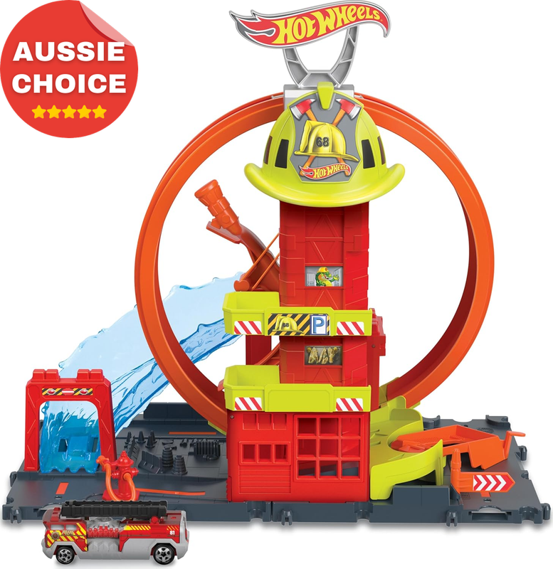 City Toy Car Set with Kid-Powered Elevator Water Ramp Track Fire Station