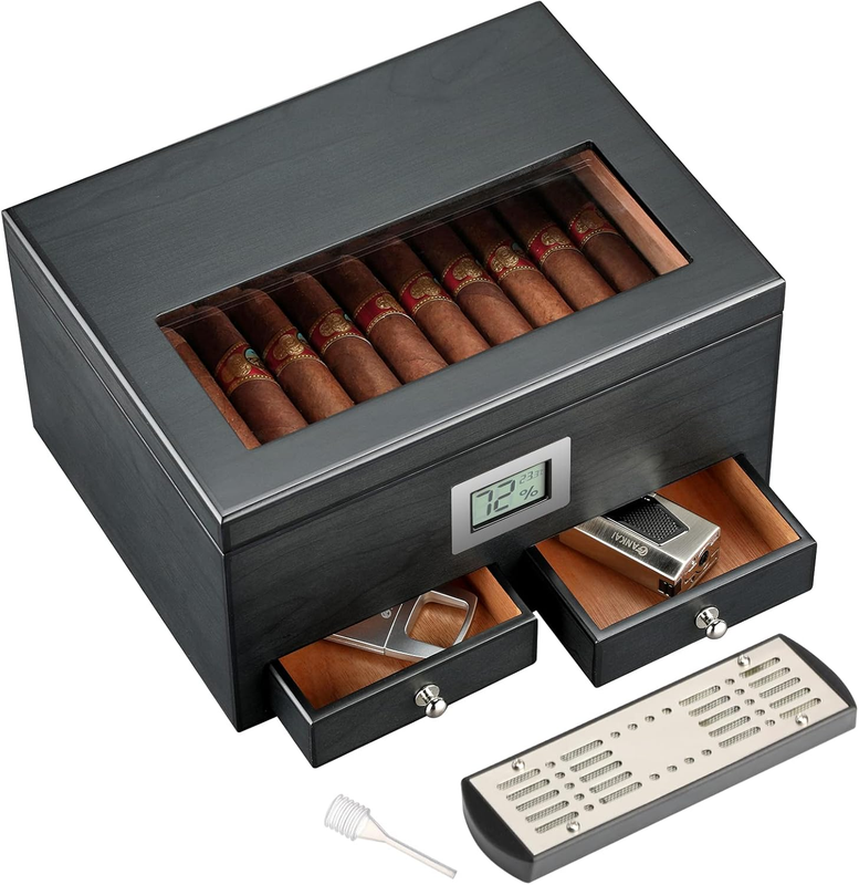 Cigar Humidor with 2 Drawers,Cigar Accessories with Humidifier,Humidor Cigar Box