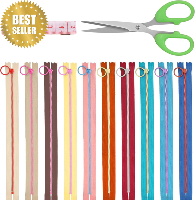 12Pcs 30Cm/11.8In Nylon Resin Zipper Set with Lifting Ring Pull, 10 Colors Coil