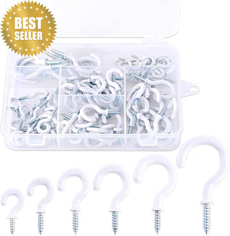100-Pieces 6 Sizes White Vinyl Coated Cup Hooks Screw-In Ceiling Hooks Screw Hoo