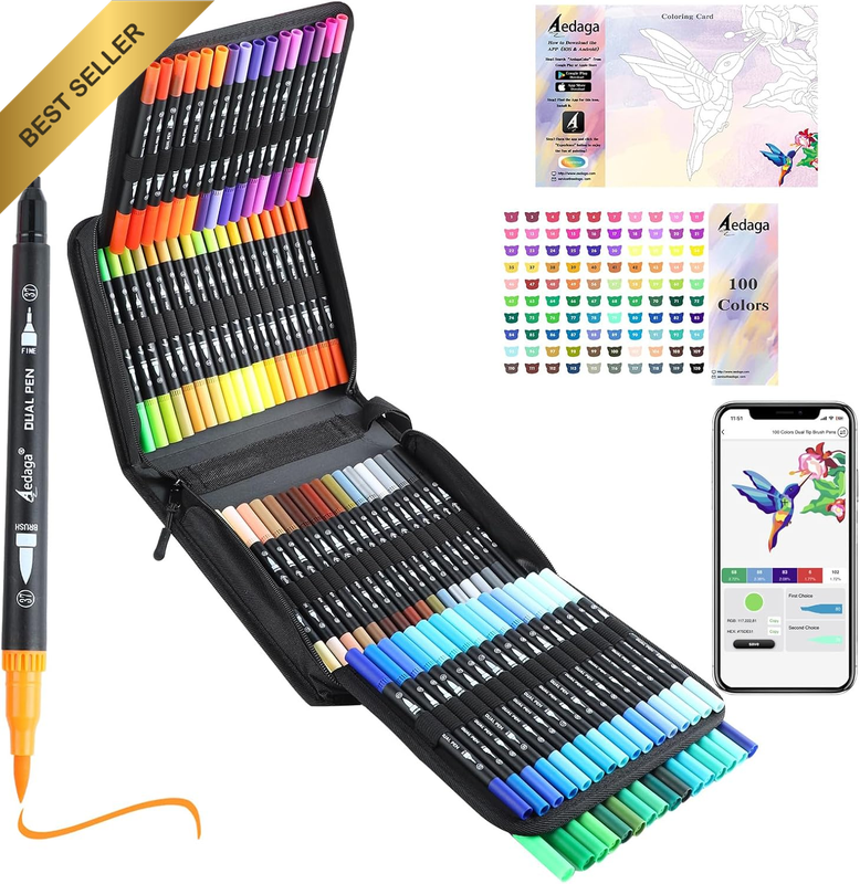 100 Colors Dual Tip Brush Fine Pens Numbered Art Set No Bleeding