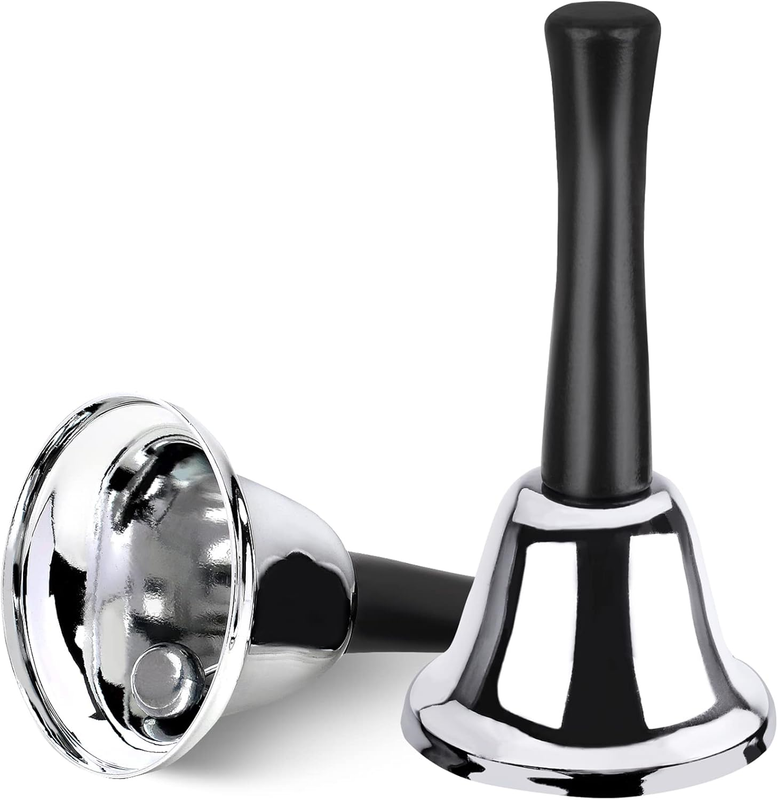 2 Pack Hand Bell, Silver Steel Bell, Ringing Bell with Handle, Dinner Bells for inside Classroom Bell, for Food Line, Alarm, Jingles, Ringing (Silver)