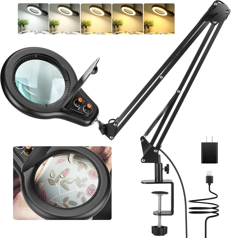 10X Large Magnifying Glass with Light and Clamp, Mechanical Knob Stepless Dimmab