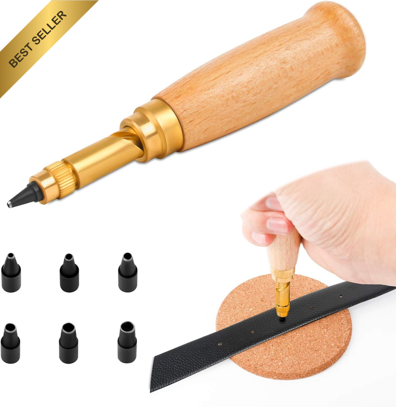 Japanese Screw Hole Punch, Screw Hole Puncher with Wood Handle, 6 Tips Sizes: 1.