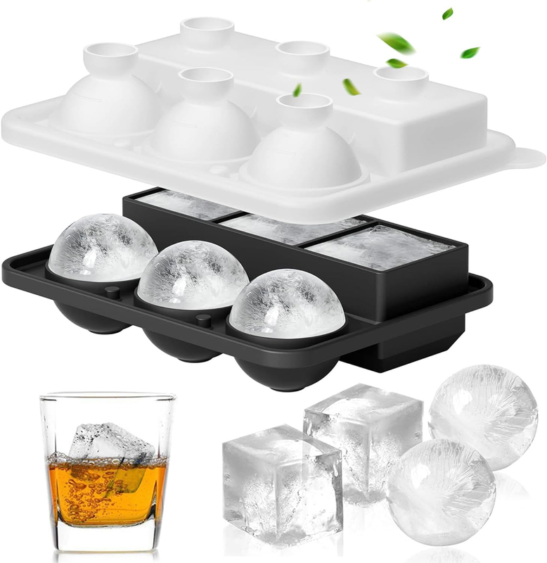 2-In-1 Silicone Ice Mold Set with Lids – round Ice Ball Maker & 2" Square Trays