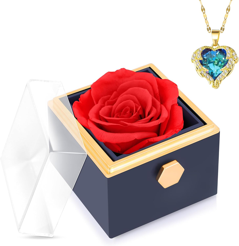 Preserved Eternal Rose Rotating Gift Box Jewelry Box with Necklace for Valentine