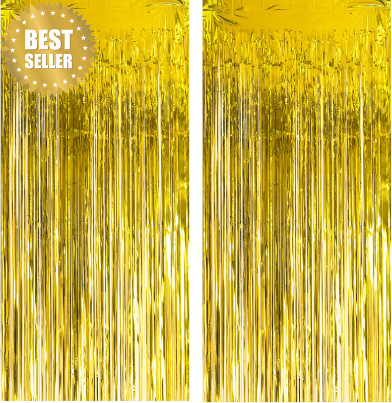 2 Pack Gold Metallic Tinsel Curtains Foil Fringe Photo Backdrop 3x8ft