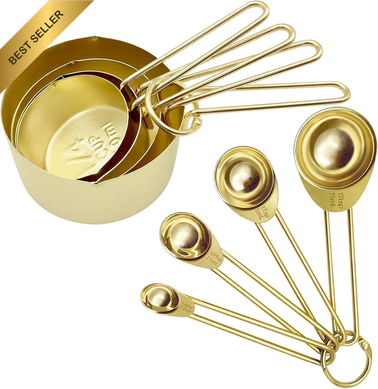 Gold Measuring Cups and Spoons Set of 8 Pcs, Stainless Steel Measuring Cups and