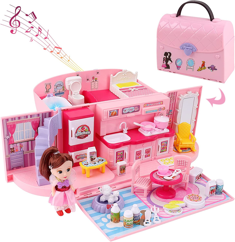Doll Houses Portable Backpack for Girls with Doll Toy House with Light and Mu...