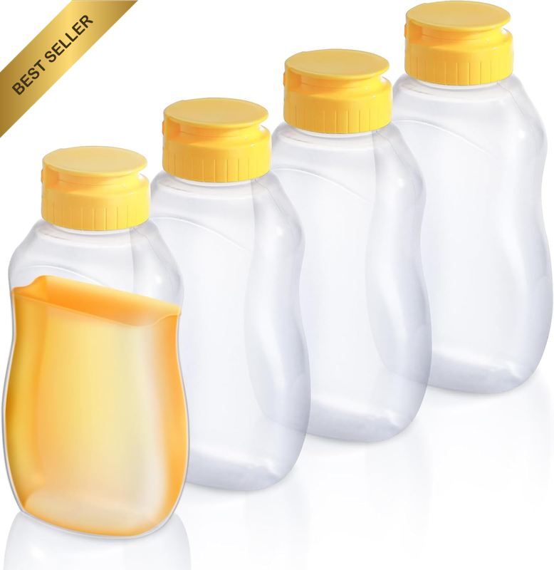 4Pcs 10Oz Clear Plastic Honey Bottles, Refillable Empty Honey Container, Honey S