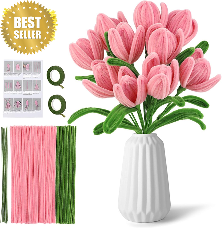 DIY Tulip Bouquet Kit with 200 Pink Olive Green Pipe Cleaners, 100 Yellow Floral
