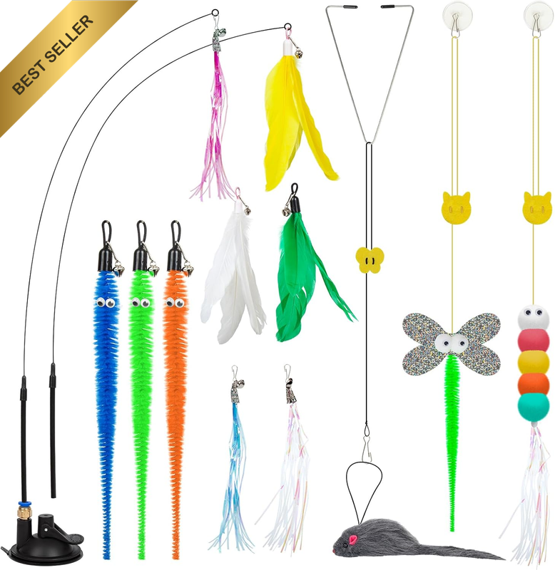 4-In-1 Interactive Cat Toys for Indoor Cats, Feather Teaser Cat Wand Toy with Su
