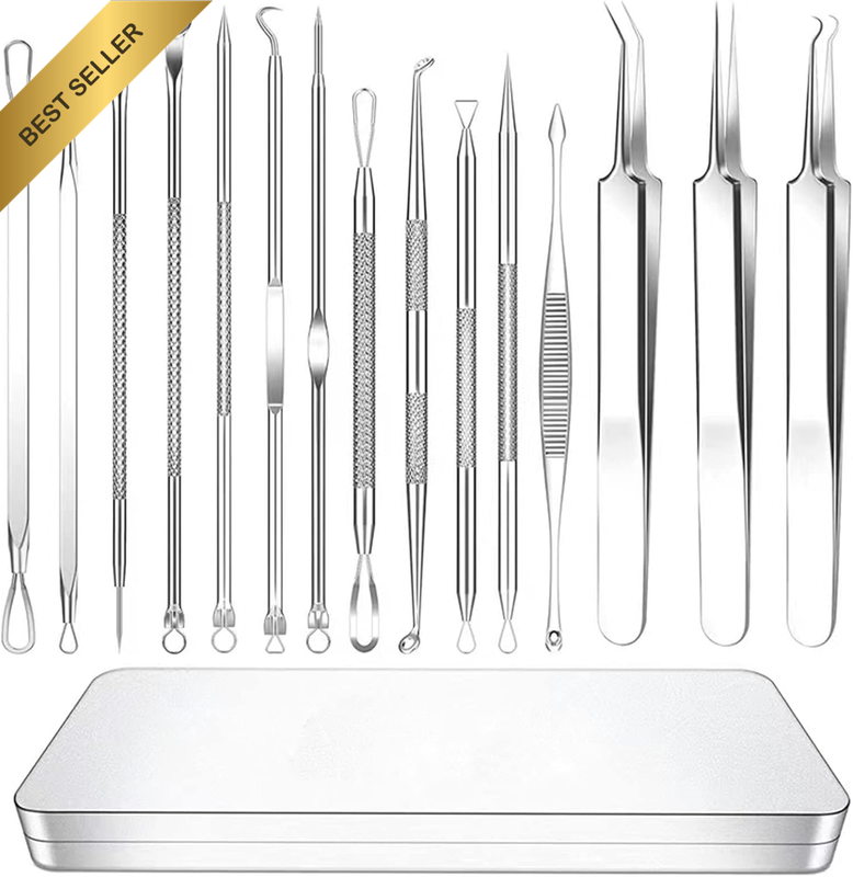 15Pcs Blackhead Remover Tool Set Stainless Steel Acne Extractor Kit with Case