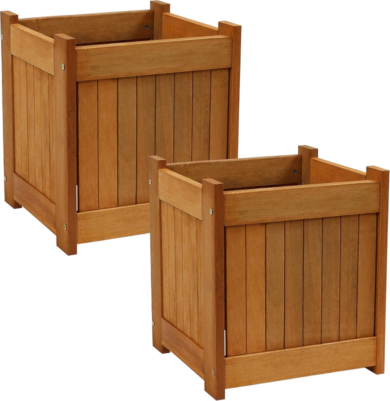 Meranti Wood 16-Inch Square Planter Box with Teak Oil Finish - Set of 2